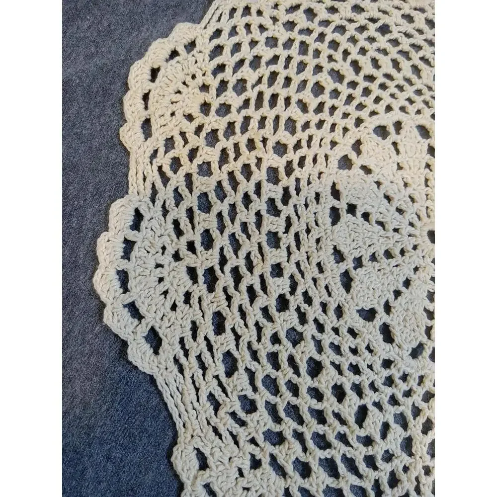 Crochet Doilie Beige 12" L x 10" W Floral Round Knit Vintage - Picture 4 of 5